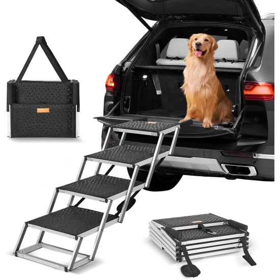 VEVOR Pet Ramp for Vehicles, 4 Step Wide Folding Stairs for Dogs, Aluminium Car Ramp with Non-Slip Coating, Easy to Carry Steps for SUVs, Trucks, Supports up to 250 lbs VEVOR Pet Ramp for Vehicles, 4 Step Wide Folding Stairs for Dogs, Aluminium Car Ramp with Non-Slip Coating, Easy to Carry Steps for SUVs, Trucks, Supports up to 250 lbs