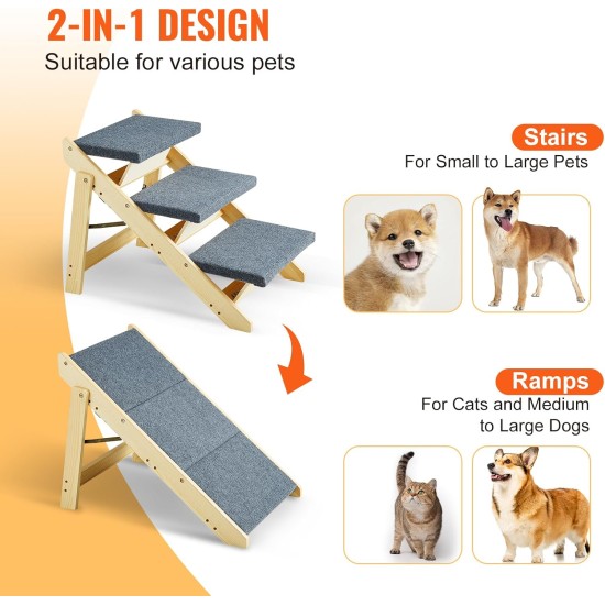 VEVOR Wooden Pet Stairs/Pet Steps, 2 in 1 Foldable Wooden Dog Stairs for Beds, Sofas and Cars, Dog Stairs and Ramp with 3 Steps for Small, Medium and Large Pets, Up to 150 lbs VEVOR Wooden Pet Stairs/Pet Steps, 2 in 1 Foldable Wooden Dog Stairs for Beds, Sofas and Cars, Dog Stairs and Ramp with 3 Steps for Small, Medium and Large Pets, Up to 150 lbs
