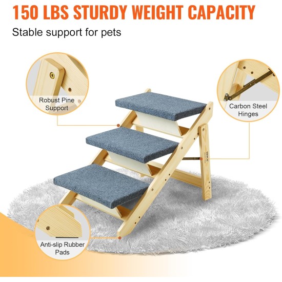 VEVOR Wooden Pet Stairs/Pet Steps, 2 in 1 Foldable Wooden Dog Stairs for Beds, Sofas and Cars, Dog Stairs and Ramp with 3 Steps for Small, Medium and Large Pets, Up to 150 lbs VEVOR Wooden Pet Stairs/Pet Steps, 2 in 1 Foldable Wooden Dog Stairs for Beds, Sofas and Cars, Dog Stairs and Ramp with 3 Steps for Small, Medium and Large Pets, Up to 150 lbs