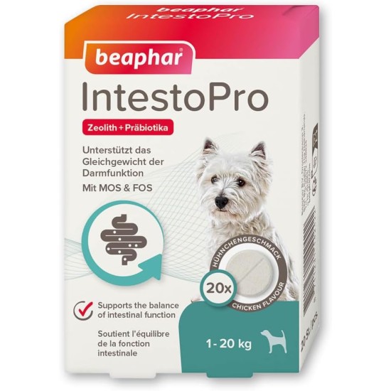 BEAPHAR - IntestoPro Tabs for Small Dogs - With Zeolite - With MOS & FOS - Supports the Balance of Intestinal Function - Pack of 20 BEAPHAR - IntestoPro Tabs for Small Dogs - With Zeolite - With MOS & FOS - Supports the Balance of Intestinal Function - Pack of 20