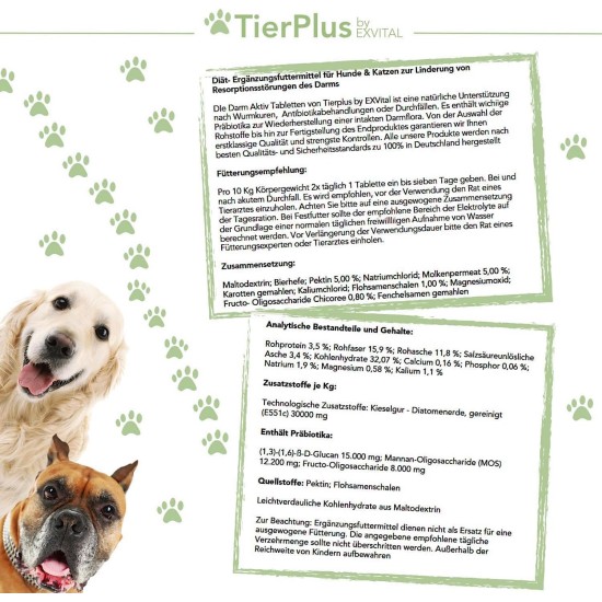 EXVital TierPlus intestinal active tablets for dogs and cats, prebiotic complex for healthy intestinal flora after diarrhea, worm treatment, antibiotics and gastrointestinal infections, 120 tablets EXVital TierPlus intestinal active tablets for dogs and cats, prebiotic complex for healthy intestinal flora after diarrhea, worm treatment, antibiotics and gastrointestinal infections, 120 tablets