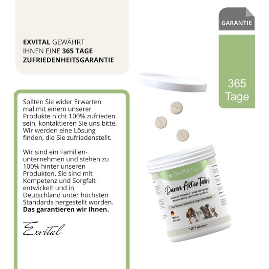 EXVital TierPlus intestinal active tablets for dogs and cats, prebiotic complex for healthy intestinal flora after diarrhea, worm treatment, antibiotics and gastrointestinal infections, 120 tablets EXVital TierPlus intestinal active tablets for dogs and cats, prebiotic complex for healthy intestinal flora after diarrhea, worm treatment, antibiotics and gastrointestinal infections, 120 tablets