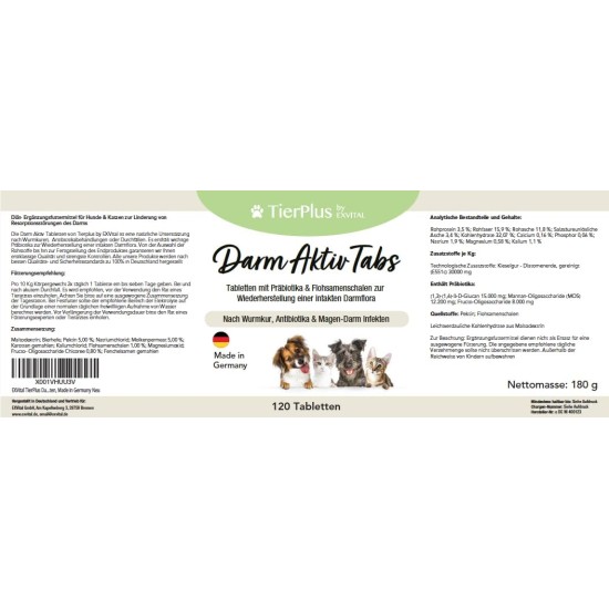 EXVital TierPlus intestinal active tablets for dogs and cats, prebiotic complex for healthy intestinal flora after diarrhea, worm treatment, antibiotics and gastrointestinal infections, 120 tablets EXVital TierPlus intestinal active tablets for dogs and cats, prebiotic complex for healthy intestinal flora after diarrhea, worm treatment, antibiotics and gastrointestinal infections, 120 tablets