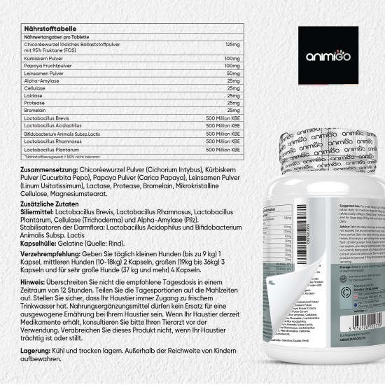 Probiotics for Digestion in Dogs - 120 Intestinal Capsules - Supports Intestinal Health, Gastric Intestinal Flora - With Lactobacillus, Linseed & Prebiotics - Intestinal Cleansing & Digestive Enzymes Probiotics for Digestion in Dogs - 120 Intestinal Capsules - Supports Intestinal Health, Gastric Intestinal Flora - With Lactobacillus, Linseed & Prebiotics - Intestinal Cleansing & Digestive Enzymes