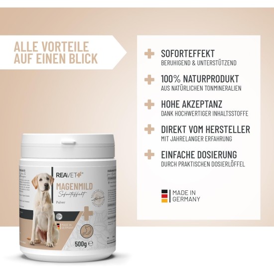 ReaVET Gastric mild powder for dogs, 500 g, to support digestion and harmonise gastrointestinal activity, natural stomach protection dog with bentonite and probiotics ReaVET Gastric mild powder for dogs, 500 g, to support digestion and harmonise gastrointestinal activity, natural stomach protection dog with bentonite and probiotics