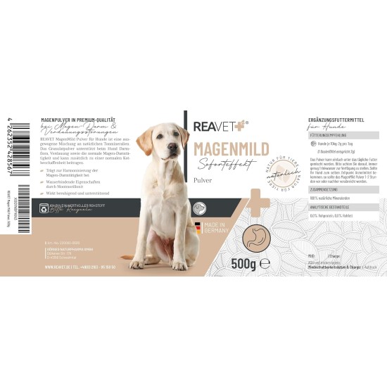 ReaVET Gastric mild powder for dogs, 500 g, to support digestion and harmonise gastrointestinal activity, natural stomach protection dog with bentonite and probiotics ReaVET Gastric mild powder for dogs, 500 g, to support digestion and harmonise gastrointestinal activity, natural stomach protection dog with bentonite and probiotics