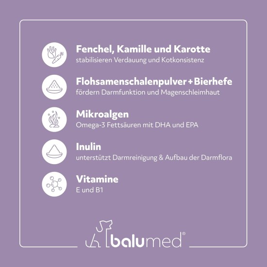 balumed® Snacks stomach and intestines highly concentrated with fennel seeds and psyllium husks for dogs, treats with prebiotics, postbiotics, chamomile flowers, brewer's yeast, omega-3, vitamins E + balumed® Snacks stomach and intestines highly concentrated with fennel seeds and psyllium husks for dogs, treats with prebiotics, postbiotics, chamomile flowers, brewer's yeast, omega-3, vitamins E +
