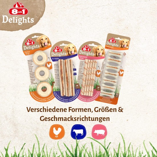 8-in-1 Delights Chicken Chew Bone Strong, Extra Strong for Strong Chewing Dogs, Various sizes. 8-in-1 Delights Chicken Chew Bone Strong, Extra Strong for Strong Chewing Dogs, Various sizes.