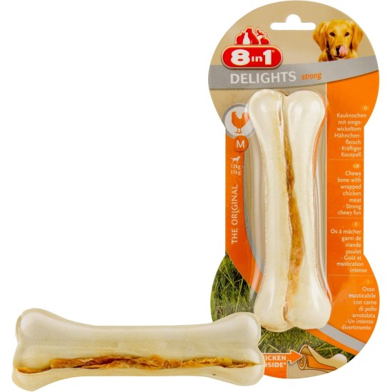 8-in-1 Delights Chicken Chew Bone Strong, Extra Strong for Strong Chewing Dogs, Various sizes. 8-in-1 Delights Chicken Chew Bone Strong, Extra Strong for Strong Chewing Dogs, Various sizes.