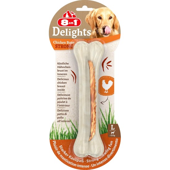 8-in-1 Delights Chicken Chew Bone Strong, Extra Strong for Strong Chewing Dogs, Various sizes. 8-in-1 Delights Chicken Chew Bone Strong, Extra Strong for Strong Chewing Dogs, Various sizes.