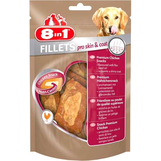 8in1 Fillets Pro Skin & Coat Dog Snack with Chicken, Functional Dog Treats Flavoured with Linseed Oil, 80g Bag 8in1 Fillets Pro Skin & Coat Dog Snack with Chicken, Functional Dog Treats Flavoured with Linseed Oil, 80g Bag