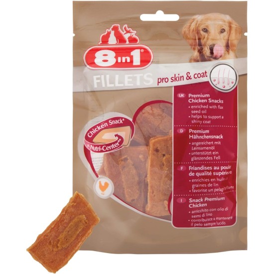 8in1 Fillets Pro Skin & Coat Dog Snack with Chicken, Functional Dog Treats Flavoured with Linseed Oil, 80g Bag 8in1 Fillets Pro Skin & Coat Dog Snack with Chicken, Functional Dog Treats Flavoured with Linseed Oil, 80g Bag
