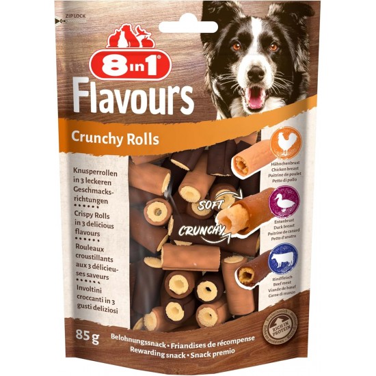 8in1 Flavours Crunchy Rolls Dog Snacks - Crunchy Treats for Dogs with Chicken Breast, Duck Breast or Beef, 85g Bag 8in1 Flavours Crunchy Rolls Dog Snacks - Crunchy Treats for Dogs with Chicken Breast, Duck Breast or Beef, 85g Bag