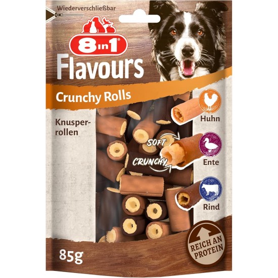 8in1 Flavours Crunchy Rolls Dog Snacks - Crunchy Treats for Dogs with Chicken Breast, Duck Breast or Beef, 85g Bag 8in1 Flavours Crunchy Rolls Dog Snacks - Crunchy Treats for Dogs with Chicken Breast, Duck Breast or Beef, 85g Bag