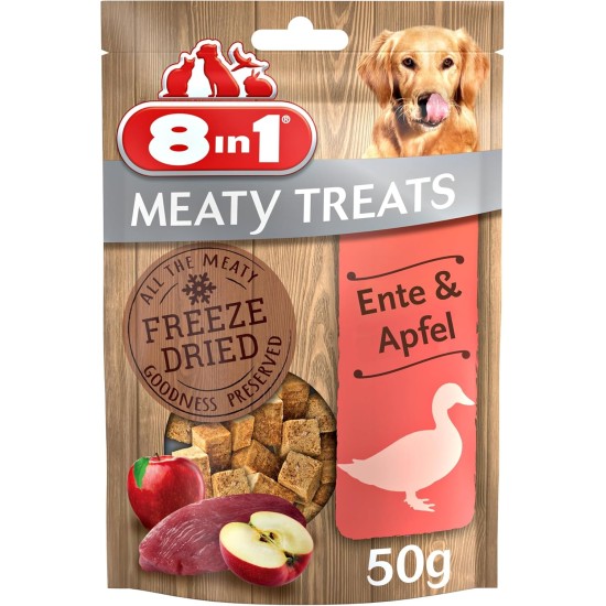 8in1 Meaty Treats, gefriergetrocknete Hunde Leckerlis mit Ente & Apfel, getreidefrei und ohne Zucker, 50 g Beutel 8in1 Meaty Treats, gefriergetrocknete Hunde Leckerlis mit Ente & Apfel, getreidefrei und ohne Zucker, 50 g Beutel