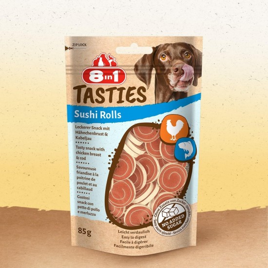 8in1 Tasties Sushi Rolls Dog Snack - Gluten Free Treats with Cod & Chicken Breast, 85 g 8in1 Tasties Sushi Rolls Dog Snack - Gluten Free Treats with Cod & Chicken Breast, 85 g