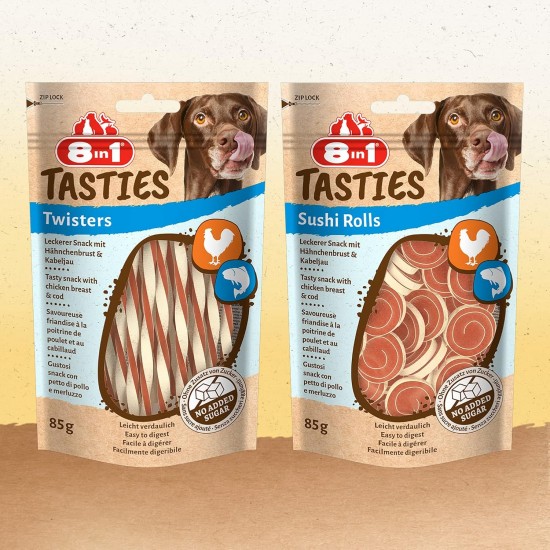 8in1 Tasties Sushi Rolls Dog Snack - Gluten Free Treats with Cod & Chicken Breast, 85 g 8in1 Tasties Sushi Rolls Dog Snack - Gluten Free Treats with Cod & Chicken Breast, 85 g