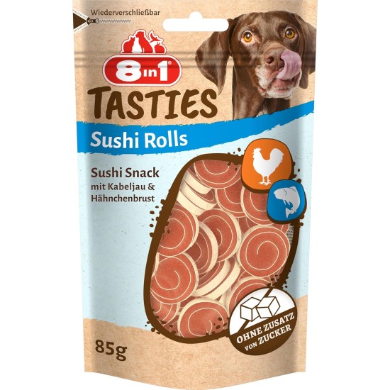8in1 Tasties Sushi Rolls Hunde-Snack - glutenfreie Leckerlis mit Kabeljau & Hähnchenbrust, 85 g 8in1 Tasties Sushi Rolls Hunde-Snack - glutenfreie Leckerlis mit Kabeljau & Hähnchenbrust, 85 g