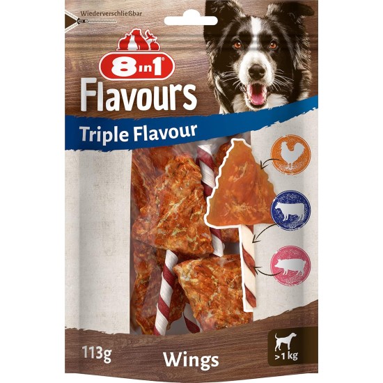 8in1 Triple Flavour Wings Kaustangen für Hunde - Kausnacks mit extra viel Fleisch, 113g Beutel (ca. 6 Stück) 8in1 Triple Flavour Wings Kaustangen für Hunde - Kausnacks mit extra viel Fleisch, 113g Beutel (ca. 6 Stück)