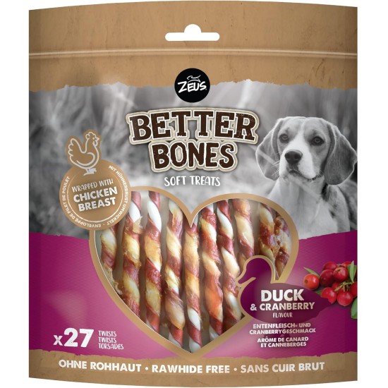 BetterBones Soft Dog Chew Snack with Raw Skin Wrapped Twists with Duck and Cranberry, 12.5 cm, Pack of 27 BetterBones Soft Dog Chew Snack with Raw Skin Wrapped Twists with Duck and Cranberry, 12.5 cm, Pack of 27