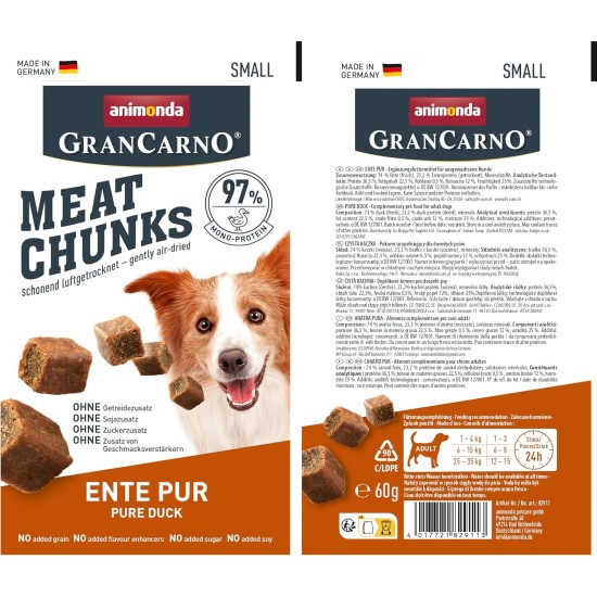Grancarno Meat Chunks Ente pur (60g), purer Fleisch Premium Hundesnack von animonda für kleine Erwachsene Hunde, getreidefreie Hundeleckerlis für ausgewachsene Hunde Grancarno Meat Chunks Ente pur (60g), purer Fleisch Premium Hundesnack von animonda für kleine Erwachsene Hunde, getreidefreie Hundeleckerlis für ausgewachsene Hunde