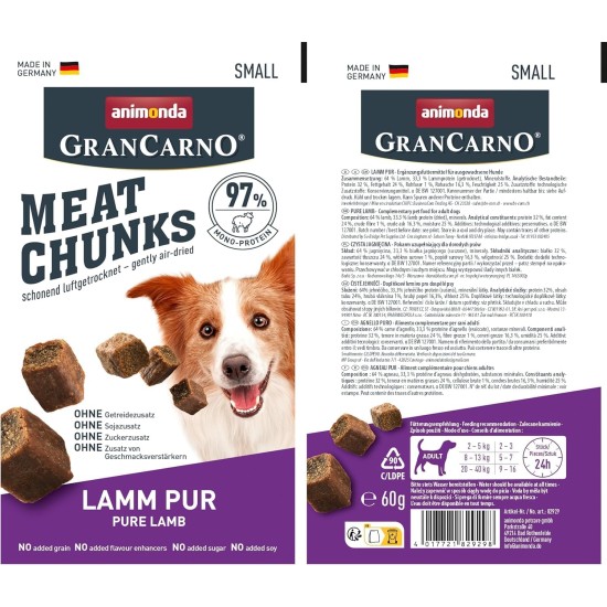 Grancarno Meat Chunks Ente pur (60g), purer Fleisch Premium Hundesnack von animonda für kleine Erwachsene Hunde, getreidefreie Hundeleckerlis für ausgewachsene Hunde Grancarno Meat Chunks Ente pur (60g), purer Fleisch Premium Hundesnack von animonda für kleine Erwachsene Hunde, getreidefreie Hundeleckerlis für ausgewachsene Hunde