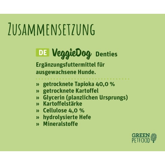 Green Petfood VeggieDog Denties (13 x 180 g) | Adult | Premium Chew Snack for Dogs | Tapioca & Potato | Treat, Snack & Dental Care in One | Vegan | Grain-Free | Supplementary Food | Pack of 13 Green Petfood VeggieDog Denties (13 x 180 g) | Adult | Premium Chew Snack for Dogs | Tapioca & Potato | Treat, Snack & Dental Care in One | Vegan | Grain-Free | Supplementary Food | Pack of 13