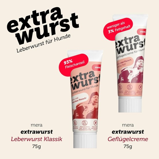 MERA Extrawurst getreidefreie Hundeleberwurst, 75g Tube mit viel Frischfleisch und Geschmack, Trainingsleckerli für ausgewachsene Hunde und Welpen, ohne Zucker und Salz MERA Extrawurst getreidefreie Hundeleberwurst, 75g Tube mit viel Frischfleisch und Geschmack, Trainingsleckerli für ausgewachsene Hunde und Welpen, ohne Zucker und Salz