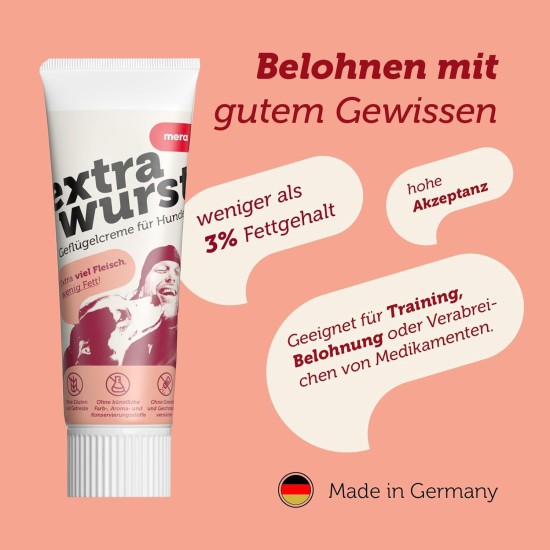 MERA Extrawurst getreidefreie Hundeleberwurst, 75g Tube mit viel Frischfleisch und Geschmack, Trainingsleckerli für ausgewachsene Hunde und Welpen, ohne Zucker und Salz MERA Extrawurst getreidefreie Hundeleberwurst, 75g Tube mit viel Frischfleisch und Geschmack, Trainingsleckerli für ausgewachsene Hunde und Welpen, ohne Zucker und Salz
