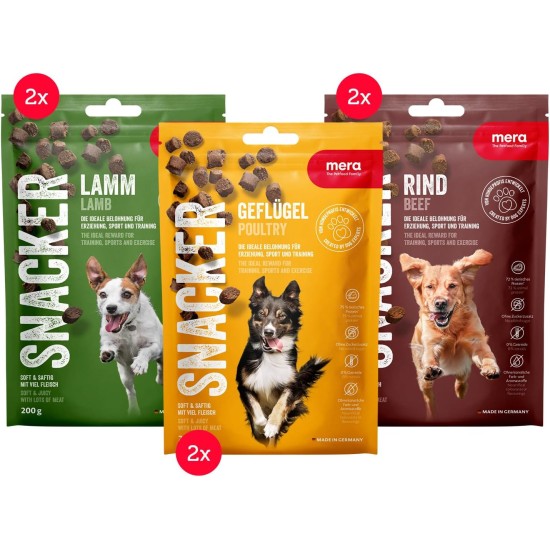 MERA Snacker Mix-Pack ohne Getreide (6 x 200g), herzhaft softe Hundeleckerli für Training oder als Snack, mit Geflügel, Lamm und Rind MERA Snacker Mix-Pack ohne Getreide (6 x 200g), herzhaft softe Hundeleckerli für Training oder als Snack, mit Geflügel, Lamm und Rind