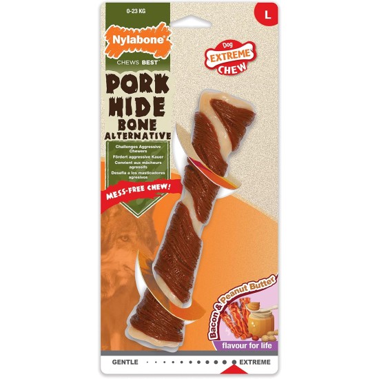 Nylabone Extremely Durable Dog Chew Toy Pork Bone Bacon Peanut Butter Odour Free Large Dog Chew Toy for Dogs up to 23kg - Large Nylabone Extremely Durable Dog Chew Toy Pork Bone Bacon Peanut Butter Odour Free Large Dog Chew Toy for Dogs up to 23kg - Large