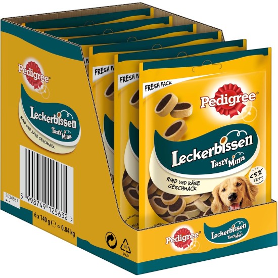 Pedigree Hundesnacks Leckerbissen Mini–Happen, 6er Pack, 6x140g – Hundekekse mit Rind– und Käsegeschmack, ideal für das Training oder für zwischendurch Pedigree Hundesnacks Leckerbissen Mini–Happen, 6er Pack, 6x140g – Hundekekse mit Rind– und Käsegeschmack, ideal für das Training oder für zwischendurch
