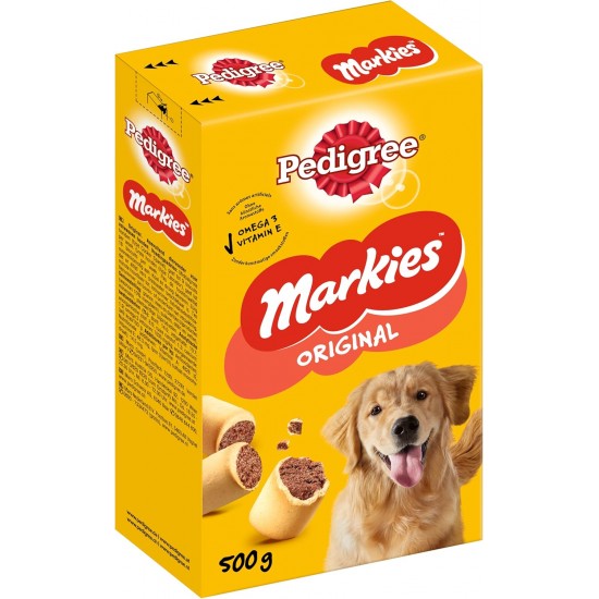 Pedigree Markies Trios - Crunchy dog biscuit with 3 different fillings - Chicken, Lamb & Bone Marrow - 12 x 500g Pedigree Markies Trios - Crunchy dog biscuit with 3 different fillings - Chicken, Lamb & Bone Marrow - 12 x 500g