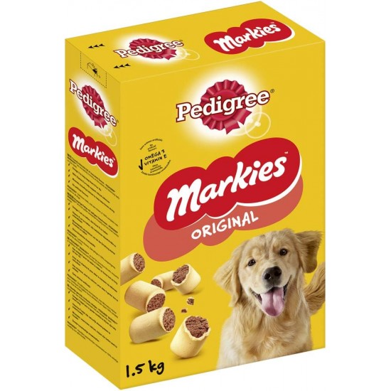 Pedigree Markies Trios - Crunchy dog biscuit with 3 different fillings - Chicken, Lamb & Bone Marrow - 12 x 500g Pedigree Markies Trios - Crunchy dog biscuit with 3 different fillings - Chicken, Lamb & Bone Marrow - 12 x 500g
