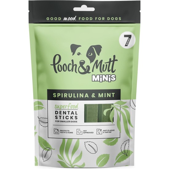 Pooch & Mutt - Superfood Dental Sticks for Dogs, Spirulina & Mint Flavoured Dental Sticks for Dogs, 1 Pack of 7 Sticks Pooch & Mutt - Superfood Dental Sticks for Dogs, Spirulina & Mint Flavoured Dental Sticks for Dogs, 1 Pack of 7 Sticks