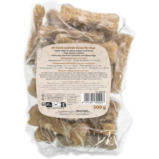 Record Dog Micro Bones Cowhide Chew Bones for Dogs Pack of 20 Heat Treated Plastic Size XS 8cm Long and 25g Weight for Small Dogs Record Dog Micro Bones Cowhide Chew Bones for Dogs Pack of 20 Heat Treated Plastic Size XS 8cm Long and 25g Weight for Small Dogs