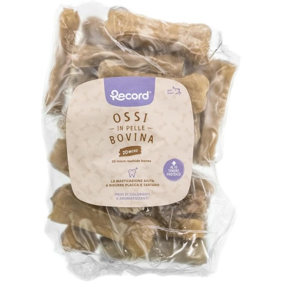 Record Dog Micro Bones Cowhide Chew Bones for Dogs Pack of 20 Heat Treated Plastic Size XS 8cm Long and 25g Weight for Small Dogs