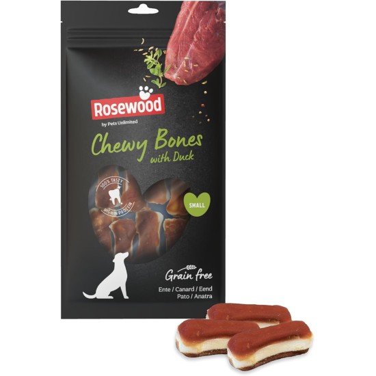 Rosewood Chewy Bones - Beef Skin Chew Bone with Duck Flavour for Small Dogs - Grain-Free and Gluten-Free Dental Care Snacks, No Artificial Additives, 80 g Rosewood Chewy Bones - Beef Skin Chew Bone with Duck Flavour for Small Dogs - Grain-Free and Gluten-Free Dental Care Snacks, No Artificial Additives, 80 g