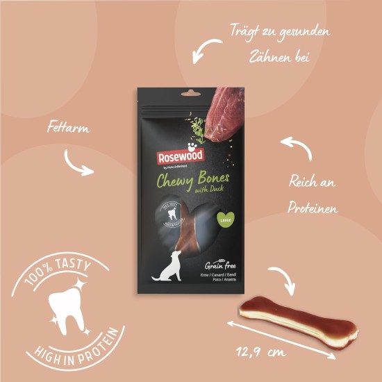 Rosewood Chewy Bones - Beef Skin Chew Bone with Duck Flavour for Small Dogs - Grain-Free and Gluten-Free Dental Care Snacks, No Artificial Additives, 80 g Rosewood Chewy Bones - Beef Skin Chew Bone with Duck Flavour for Small Dogs - Grain-Free and Gluten-Free Dental Care Snacks, No Artificial Additives, 80 g