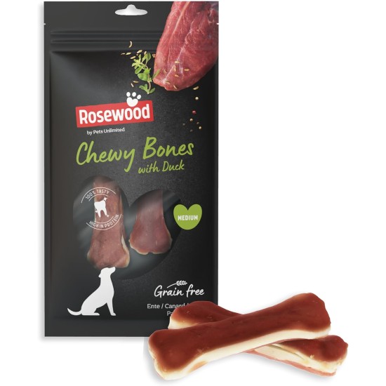 Rosewood Chewy Bones - Beef Skin Chew Bone with Duck Flavour for Small Dogs - Grain-Free and Gluten-Free Dental Care Snacks, No Artificial Additives, 80 g Rosewood Chewy Bones - Beef Skin Chew Bone with Duck Flavour for Small Dogs - Grain-Free and Gluten-Free Dental Care Snacks, No Artificial Additives, 80 g