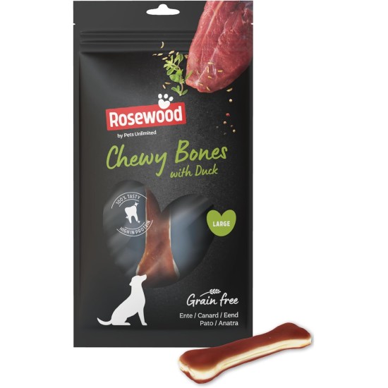 Rosewood Chewy Bones - Beef Skin Chew Bone with Duck Flavour for Small Dogs - Grain-Free and Gluten-Free Dental Care Snacks, No Artificial Additives, 80 g Rosewood Chewy Bones - Beef Skin Chew Bone with Duck Flavour for Small Dogs - Grain-Free and Gluten-Free Dental Care Snacks, No Artificial Additives, 80 g