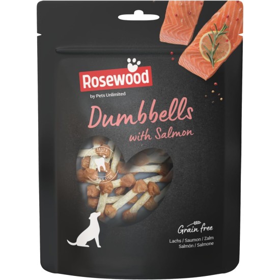 Rosewood Rosewood with Salmon Dumbbells - Dog Chew Bones Beef Skin Treat with Salmon, Dental Care, No Grains and Artificial Additives, 150g Rosewood Rosewood with Salmon Dumbbells - Dog Chew Bones Beef Skin Treat with Salmon, Dental Care, No Grains and Artificial Additives, 150g