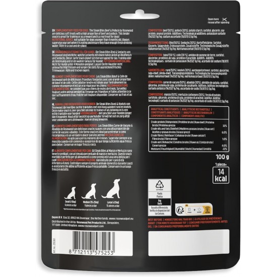 Rosewood Steak Bites Dog Treats with Beef and Pollock 100 g - Grain-Free - Natural Ingredients - Low Fat Reward for Dogs of All Sizes - No Artificial Additives Rosewood Steak Bites Dog Treats with Beef and Pollock 100 g - Grain-Free - Natural Ingredients - Low Fat Reward for Dogs of All Sizes - No Artificial Additives