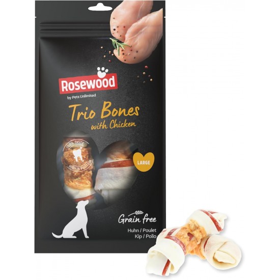 Rosewood Trio Bones with Chicken - Cattle Skin Dental Chew Bones - Grain & Gluten Free, No Artificial Additives - 90g Rosewood Trio Bones with Chicken - Cattle Skin Dental Chew Bones - Grain & Gluten Free, No Artificial Additives - 90g