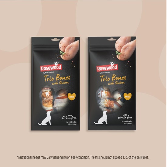 Rosewood Trio Bones with Chicken - Cattle Skin Dental Chew Bones - Grain & Gluten Free, No Artificial Additives - 90g Rosewood Trio Bones with Chicken - Cattle Skin Dental Chew Bones - Grain & Gluten Free, No Artificial Additives - 90g