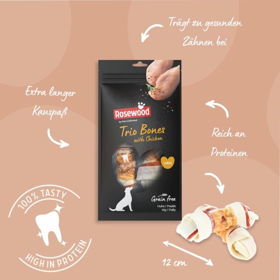 Rosewood Trio Bones with Chicken - Cattle Skin Dental Chew Bones - Grain & Gluten Free, No Artificial Additives - 90g Rosewood Trio Bones with Chicken - Cattle Skin Dental Chew Bones - Grain & Gluten Free, No Artificial Additives - 90g