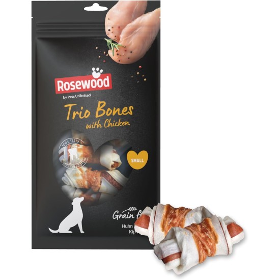 Rosewood Trio Bones with Chicken - Cattle Skin Dental Chew Bones - Grain & Gluten Free, No Artificial Additives - 90g Rosewood Trio Bones with Chicken - Cattle Skin Dental Chew Bones - Grain & Gluten Free, No Artificial Additives - 90g