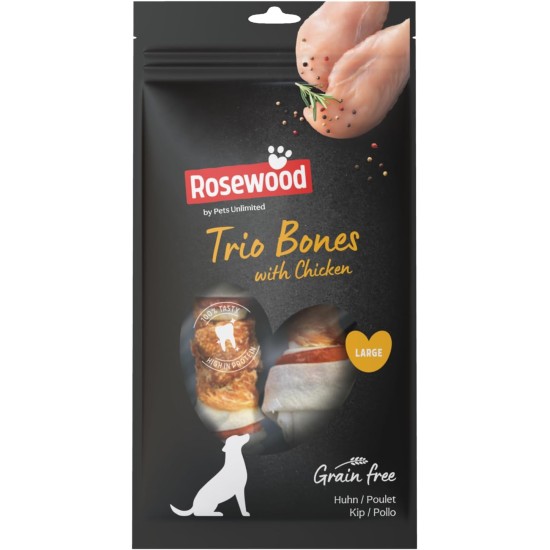 Rosewood Trio d'Os en Bois de Rose with Chicken for Large Dogs - Beef Skin Chew Treats, Dental Care, No Cereals/Gluten/Additives, 90 g Rosewood Trio d'Os en Bois de Rose with Chicken for Large Dogs - Beef Skin Chew Treats, Dental Care, No Cereals/Gluten/Additives, 90 g