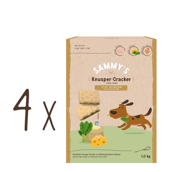 Sammy´s Knusper-Cracker | Herzhafte Snacks für Hunde | Knusper-Cracker mit Käse- und Spinatfüllung | 4 x 1 kg Sammy´s Knusper-Cracker | Herzhafte Snacks für Hunde | Knusper-Cracker mit Käse- und Spinatfüllung | 4 x 1 kg