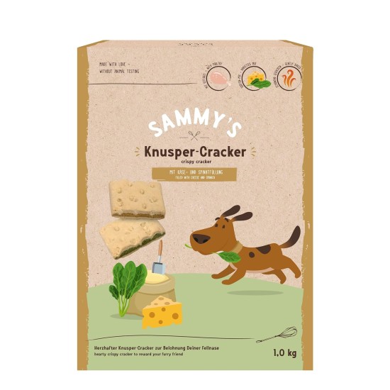 Sammy´s Knusper-Cracker | Herzhafte Snacks für Hunde | Knusper-Cracker mit Käse- und Spinatfüllung | 4 x 1 kg Sammy´s Knusper-Cracker | Herzhafte Snacks für Hunde | Knusper-Cracker mit Käse- und Spinatfüllung | 4 x 1 kg